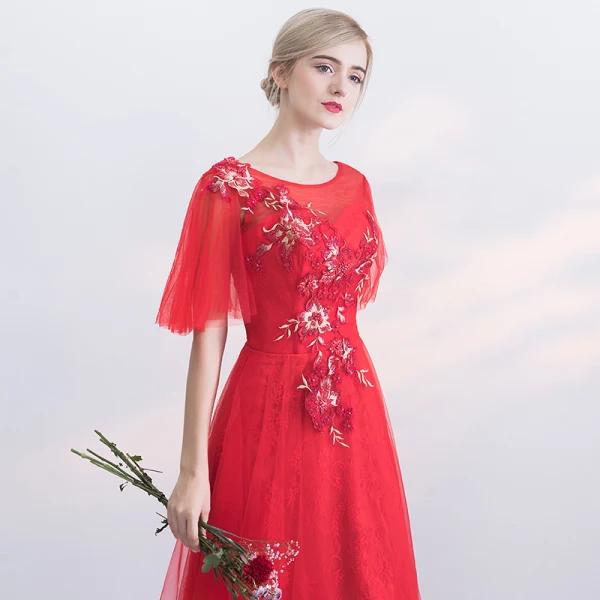 Chic / Beautiful Red Evening Dresses  2017 A-Line / Princess Appliques Lace Flower Crossed Straps Beading Scoop Neck Backless 1/2 Sleeves Floor-Length / Long Evening Party