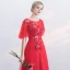 Chic / Beautiful Red Evening Dresses  2017 A-Line / Princess Appliques Lace Flower Crossed Straps Beading Scoop Neck Backless 1/2 Sleeves Floor-Length / Long Evening Party