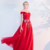 Chic / Beautiful Red Evening Dresses  2017 A-Line / Princess Appliques Beading Backless Crossed Straps Off-The-Shoulder Sleeveless Floor-Length / Long Evening Party