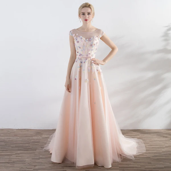 Elegant Pearl Pink Evening Dresses 2017 A-Line / Princess Artificial Flowers Pearl Bow Scoop Neck Crossed Straps Backless Sleeveless Court Train Evening Party