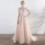 Elegant Pearl Pink Evening Dresses  2017 A-Line / Princess Artificial Flowers Pearl Bow Scoop Neck Crossed Straps Backless Sleeveless Court Train Evening Party