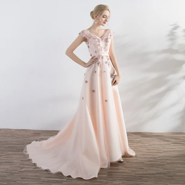 Elegante Pearl Rosa Abendkleider 2017 A Linie Mit Spitze Blumen Perle Schleife V-Ausschnitt Rückenfreies Gekreuzte Träger Ärmellos Hof-Schleppe Abend