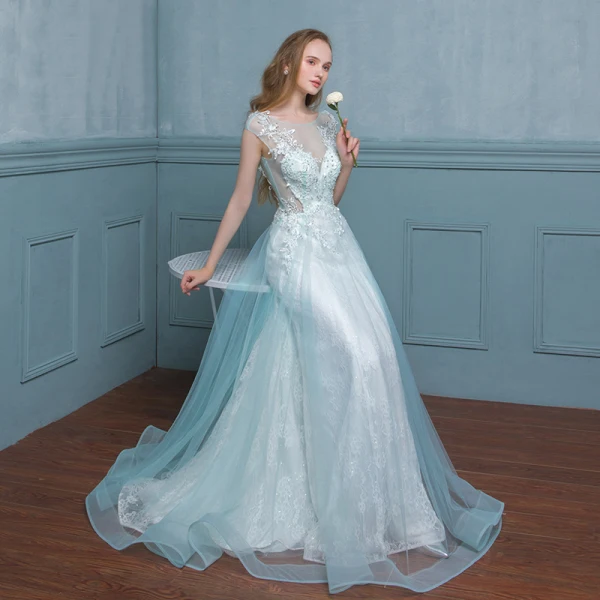 Chic / Beautiful Pool Blue Evening Dresses 2017 A-Line / Princess Lace Sequins Flower Scoop Neck Zipper Up Sleeveless Floor-Length / Long Evening Party