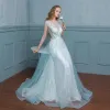 Chic / Beautiful Pool Blue Evening Dresses  2017 A-Line / Princess Lace Sequins Flower Scoop Neck Zipper Up Sleeveless Floor-Length / Long Evening Party