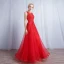 Chic / Beautiful Red Evening Dresses  2017 A-Line / Princess Lace Flower Square Neckline Sleeveless Crossed Straps Floor-Length / Long Evening Party