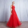 Chic / Beautiful Red Evening Dresses  2017 A-Line / Princess Lace Flower Square Neckline Sleeveless Crossed Straps Floor-Length / Long Evening Party