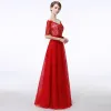 Chic / Beautiful Red Evening Dresses  2017 A-Line / Princess Lace Bow Sequins Scoop Neck Backless Zipper Up 1/2 Sleeves Floor-Length / Long Evening Party