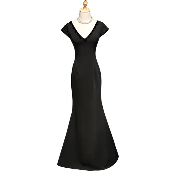 Chic / Beautiful Evening Dresses 2017 Trumpet / Mermaid Crystal V-Neck Backless Zipper Up Short Sleeve Floor-Length / Long Evening Party