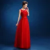 Chic / Beautiful Red Evening Dresses  2017 Empire Appliques Beading Scoop Neck Zipper Up Backless Sleeveless Ankle Length Evening Party