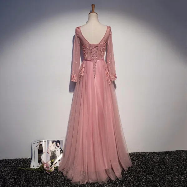 Chic / Beautiful Prom Dresses 2017 A-Line / Princess Appliques Pearl Lace V-Neck Crossed Straps Long Sleeve Floor-Length / Long