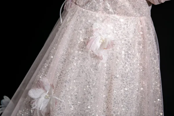 Glitzernden Rosa Applikationen Perle Pailletten Ballkleider 2025 Ballkleid Off Shoulder Kurze Ärmel Rückenfreies Lange Ball Festliche Kleider