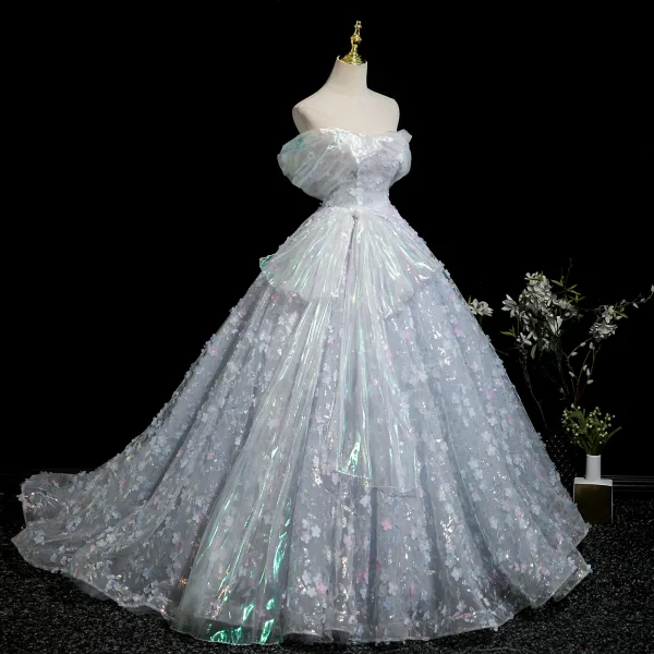 Flower Fairy Sky Blue Appliques Laser Sequins Prom Dresses 2025 Ball Gown Off-The-Shoulder Short Sleeve Backless Sweep Train Prom Formal Dresses