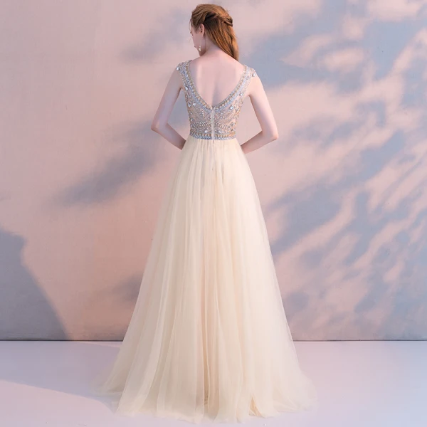 Modern / Fashion Champagne Evening Dresses 2018 A-Line / Princess Crystal Rhinestone Scoop Neck Backless Short Sleeve Floor-Length / Long Formal Dresses