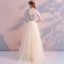 Modern / Fashion Champagne Evening Dresses  2018 A-Line / Princess Crystal Rhinestone Scoop Neck Backless Short Sleeve Floor-Length / Long Formal Dresses