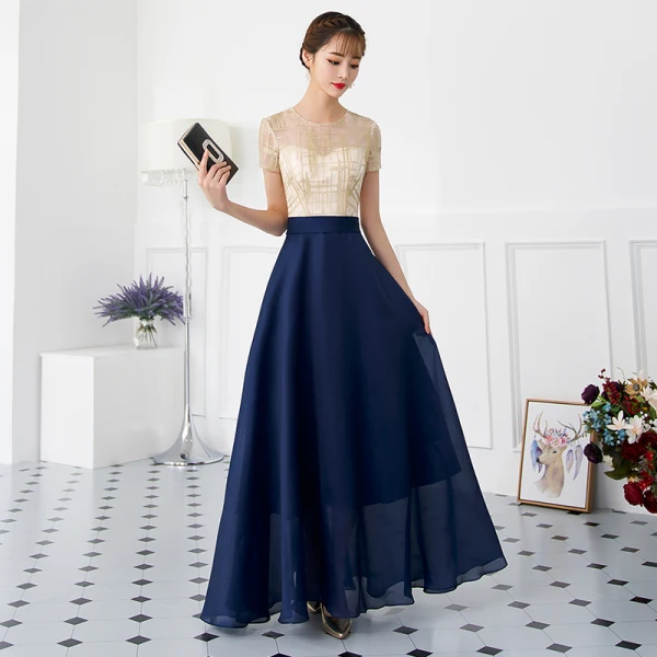 Chic / Beautiful Navy Blue Evening Dresses  2018 A-Line / Princess Sequins Scoop Neck Short Sleeve Ankle Length Formal Dresses