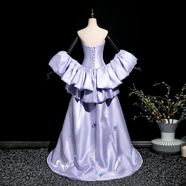 Elegant Lavender Pearl Appliques Prom Dresses 2025 A-Line / Princess Strapless Short Sleeve Backless Sweep Train Prom Formal Dresses
