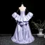 Elegant Lavender Pearl Appliques Prom Dresses 2025 A-Line / Princess Strapless Short Sleeve Backless Sweep Train Prom Formal Dresses
