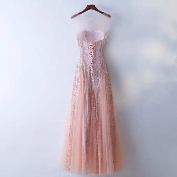 Chic / Beautiful Pearl Pink Prom Dresses 2017 A-Line / Princess Sequins Lace Scoop Neck Backless Sleeveless Floor-Length / Long Prom