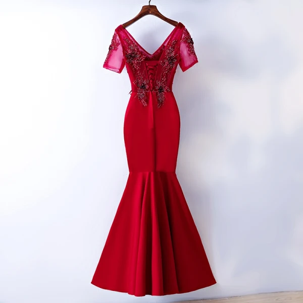 Chic / Belle Rouge Robe De Soirée 2017 Trompette / Sirène En Dentelle Fleur Perlage Paillettes V-Cou Dos Nu Manches Courtes Longueur Cheville Soirée