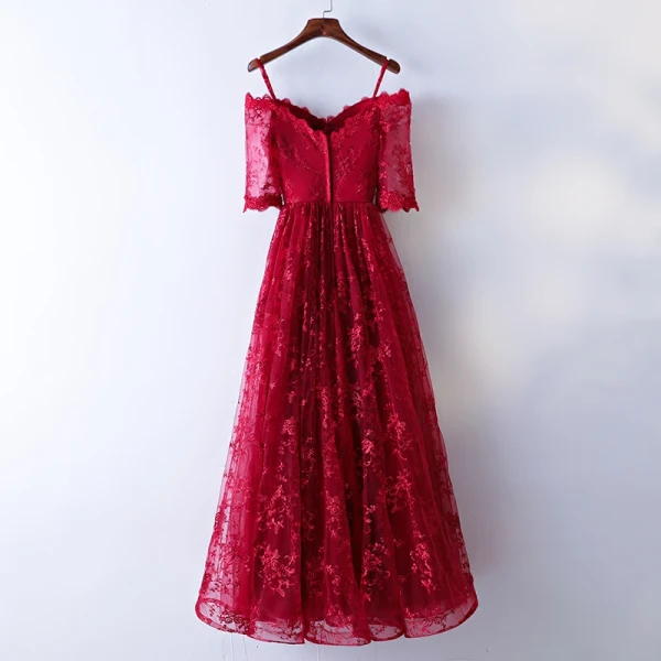 Chic / Beautiful Red Evening Dresses 2017 A-Line / Princess Lace Flower Spaghetti Straps Strapless Backless 1/2 Sleeves Ankle Length Evening Party