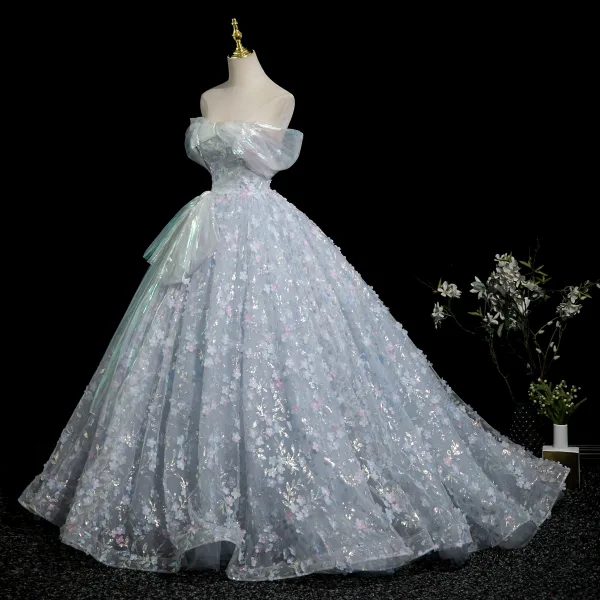 Flower Fairy Sky Blue Appliques Laser Sequins Prom Dresses 2025 Ball Gown Off-The-Shoulder Short Sleeve Backless Sweep Train Prom Formal Dresses