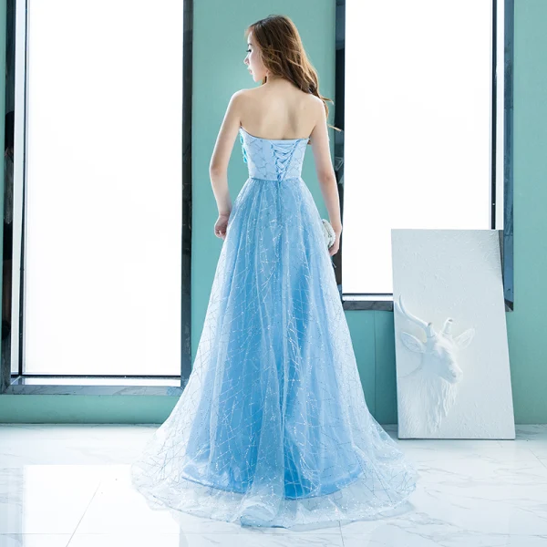 Chic / Beautiful Pool Blue Evening Dresses 2018 A-Line / Princess Lace Flower Rhinestone Sequins Strapless Backless Sleeveless Floor-Length / Long Formal Dresses