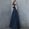 Chic / Beautiful Navy Blue Evening Dresses  2018 A-Line / Princess Lace Crystal Scoop Neck Backless Cap Sleeves Floor-Length / Long Formal Dresses