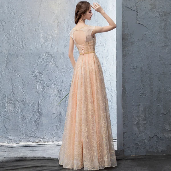 Chic / Beautiful Beige Evening Dresses 2018 A-Line / Princess Beading  Backless Pearl Sequins Scoop Neck Sleeveless Floor-Length / Long Formal  Dresses