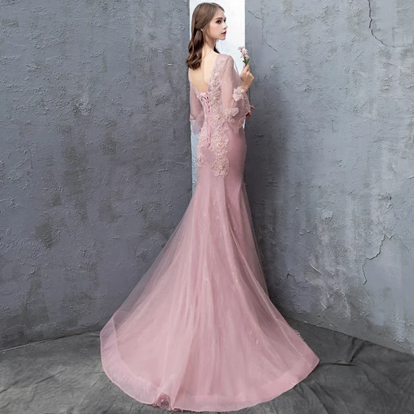 Modern / Fashion Candy Pink Evening Dresses  2018 Trumpet / Mermaid Lace Flower Appliques Beading Pearl Sequins Scoop Neck Backless 3/4 Sleeve Sweep Train Formal Dresses