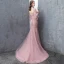 Modern / Fashion Candy Pink Evening Dresses  2018 Trumpet / Mermaid Lace Flower Appliques Beading Pearl Sequins Scoop Neck Backless 3/4 Sleeve Sweep Train Formal Dresses