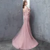 Modern / Fashion Candy Pink Evening Dresses  2018 Trumpet / Mermaid Lace Flower Appliques Beading Pearl Sequins Scoop Neck Backless 3/4 Sleeve Sweep Train Formal Dresses
