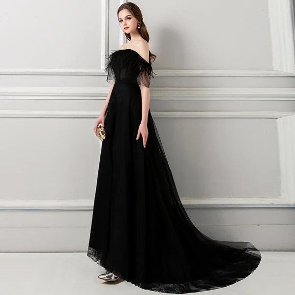 Amazing / Unique Black Evening Dresses  2018 A-Line / Princess Tassel Pearl Off-The-Shoulder Backless Short Sleeve Sweep Train Formal Dresses