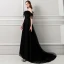 Amazing / Unique Black Evening Dresses  2018 A-Line / Princess Tassel Pearl Off-The-Shoulder Backless Short Sleeve Sweep Train Formal Dresses