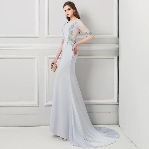 Modern / Fashion Grey Evening Dresses 2018 Trumpet / Mermaid Beading Lace Flower Pearl Rhinestone Scoop Neck 1/2 Sleeves Sweep Train Formal Dresses