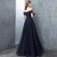 Schöne Marineblau Abendkleider 2018 A Linie Perlenstickerei Pailletten Schleife Off Shoulder Rückenfreies Kurze Ärmel Lange Festliche Kleider