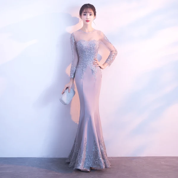 Elegant Grey Evening Dresses  2018 Trumpet / Mermaid Lace Flower Beading Pearl Scoop Neck Long Sleeve Floor-Length / Long Formal Dresses