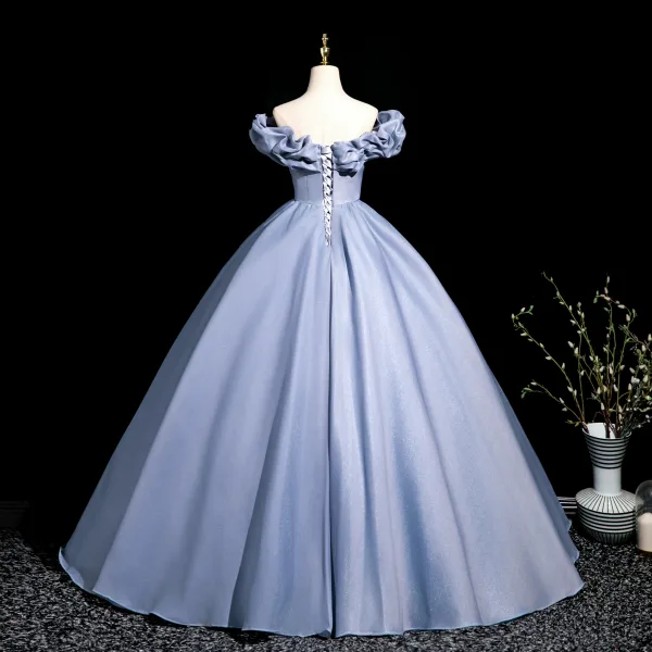 Elegant Sky Blue Prom Dresses 2025 A-Line / Princess Off-The-Shoulder Short Sleeve Backless Floor-Length / Long Prom Formal Dresses