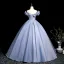 Elegant Sky Blue Prom Dresses 2025 A-Line / Princess Off-The-Shoulder Short Sleeve Backless Floor-Length / Long Prom Formal Dresses