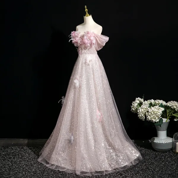Glitzernden Rosa Applikationen Perle Pailletten Ballkleider 2025 Ballkleid Off Shoulder Kurze Ärmel Rückenfreies Lange Ball Festliche Kleider