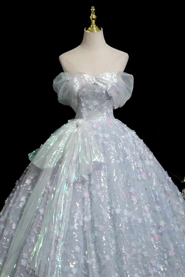 Flower Fairy Sky Blue Appliques Laser Sequins Prom Dresses 2025 Ball Gown Off-The-Shoulder Short Sleeve Backless Sweep Train Prom Formal Dresses