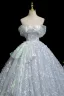 Flower Fairy Sky Blue Appliques Laser Sequins Prom Dresses 2025 Ball Gown Off-The-Shoulder Short Sleeve Backless Sweep Train Prom Formal Dresses