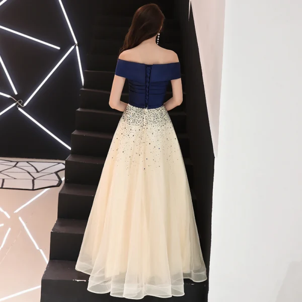 Elegant Champagne Prom Dresses 2018 A-Line / Princess Sequins Off-The-Shoulder Backless Short Sleeve Floor-Length / Long Formal Dresses