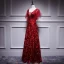 Charming Burgundy Prom Dresses 2018 A-Line / Princess Lace Flower Sequins V-Neck Backless Short Sleeve Floor-Length / Long Formal Dresses