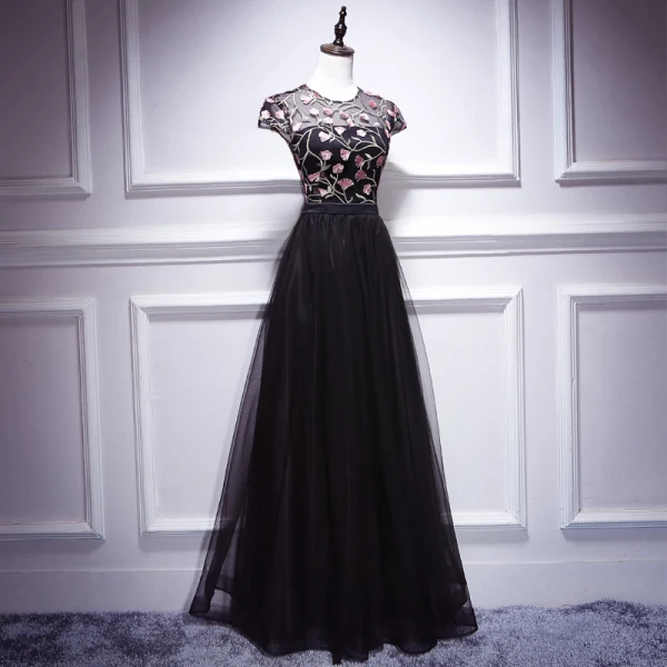 Chic / Beautiful Black Evening Dresses 2018 A-Line / Princess Lace Flower Scoop Neck Cap Sleeves Floor-Length / Long Formal Dresses