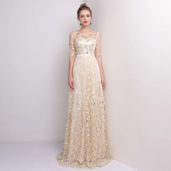 Chic / Belle Robe De Soirée 2017 Princesse En Dentelle Paillettes Ceinture Encolure Dégagée 1/2 Manches Longue Robe De Ceremonie