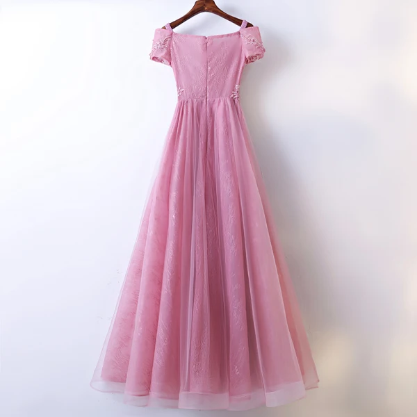 Chic / Beautiful Candy Pink Bridesmaid Dresses 2017 A-Line / Princess Lace Flower Beading Scoop Neck Short Sleeve Ankle Length Wedding Party Dresses