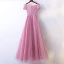 Chic / Beautiful Candy Pink Bridesmaid Dresses 2017 A-Line / Princess Lace Flower Beading Scoop Neck Short Sleeve Ankle Length Wedding Party Dresses