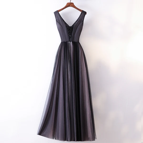 Chic / Belle Noire Robe De Soirée 2017 Princesse Dentelle Perlage Cristal V-Cou Dos Nu Sans Manches Robe De Ceremonie