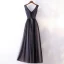 Chic / Belle Noire Robe De Soirée 2017 Princesse Dentelle Perlage Cristal V-Cou Dos Nu Sans Manches Robe De Ceremonie