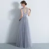 Chic / Beautiful Silver Formal Dresses 2017 A-Line / Princess Lace Flower Bow Scoop Neck Backless Sleeveless Floor-Length / Long Evening Dresses